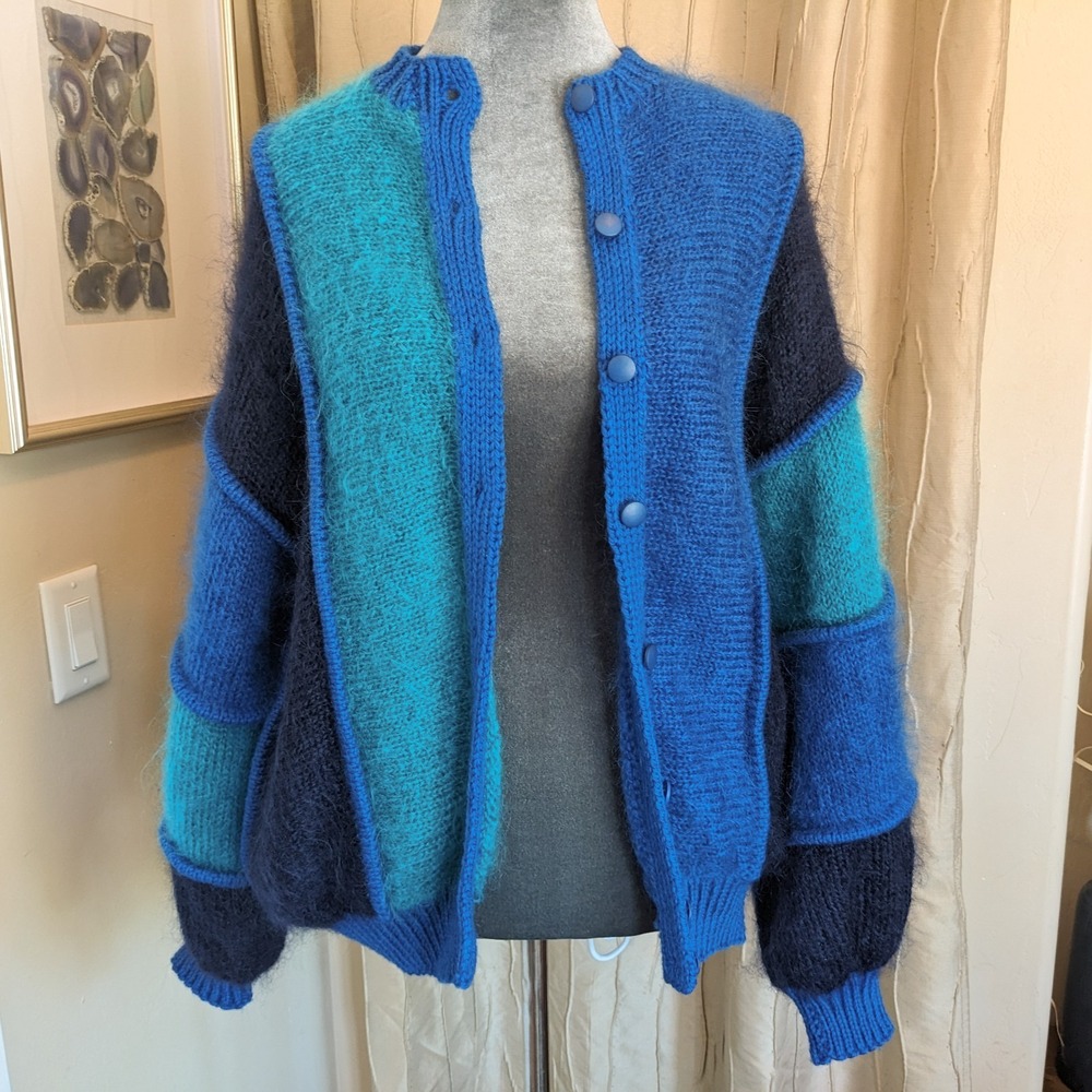 Vintage 80s Mohair Cardigan Sweater M/L Irish Colorblock Chunky Knit Oversized - Picture 10 of 14